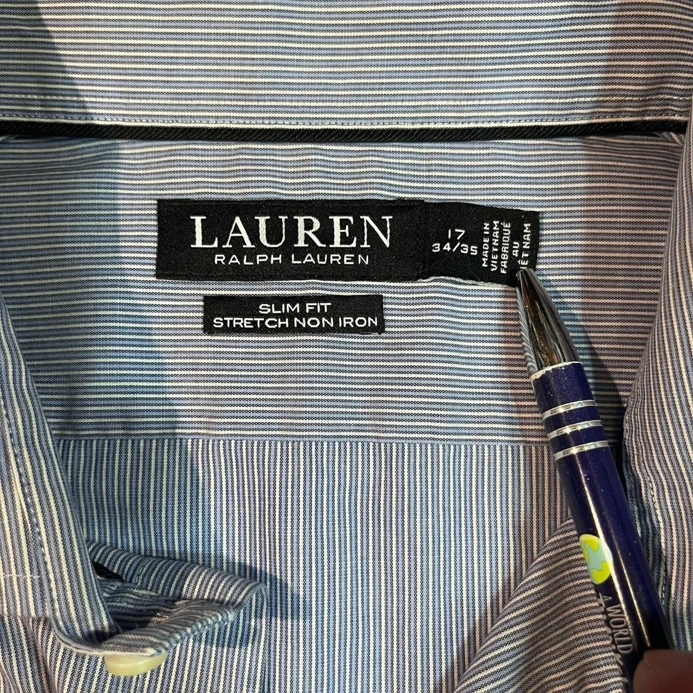 Lauren Ralph Lauren Mens Black Label Button‎ Down 17 34/35 Slim Fit Blue Striped